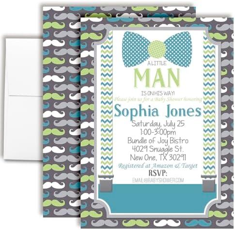 Custom Baby Shower Invites Little Man Baby Shower Invitation 20 5x7 Custom Personalized Little Boy Bow Tie Mustache Invites With Envelopes - Unique Mustache and Bowtie Cards by AmandaCreation