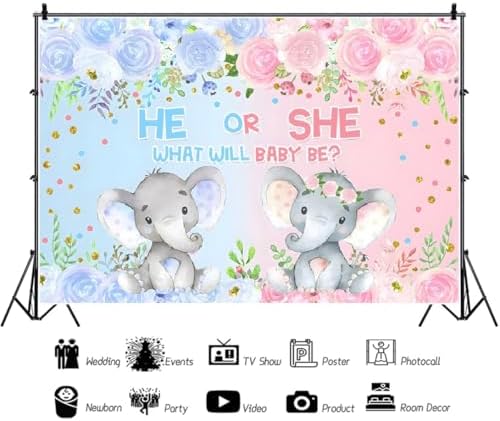12x6ft Elephant Gender Reveal Backdrop He or She What Will Baby Be Photo Background Watercolor Floral Blue or Pink Boy or Girl Newborn Gender Reveal Baby Shower Birthday Party Decorations Supplies - Image 2
