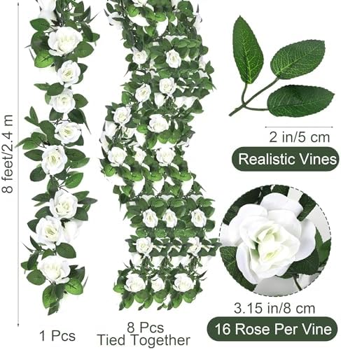 Aneco 8 Pack 64 FT White Flower Artificial Rose Vines Roses Fake Vine Flowers Plants Party Supplies for Holiday Wedding Garden Craft Art Decoration - Image 2