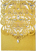 Hosmsua 50PCS Blank Wedding Invitation Cards 5 x 7.3 Inch Gold Laser Cut Hollow Heart Floral Invitation with Rhinestone pockets invitations for Engagement Quinceanera Invite (Gold Glitter) by Hosmsua