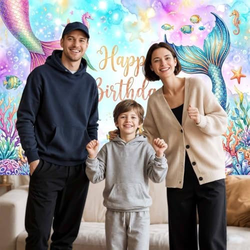15X10Ft Mermaid Happy Birthday Backdrop Purple and Pink Princess Girls Birthday Party Decorations Starfish Shells Ocean Girls Baby Shower Banner Cake Smash Decor Photo Booth Props - Image 7