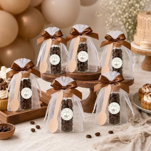JarThenaAMCS 36 Sets Coffee Baby Shower Favors for Guests Wooden Spoons Mini Coffee Glass Jars Thank You Stickers Brown Ribbon and Bags for Gender Reveal Party Souvenirs - Image 6
