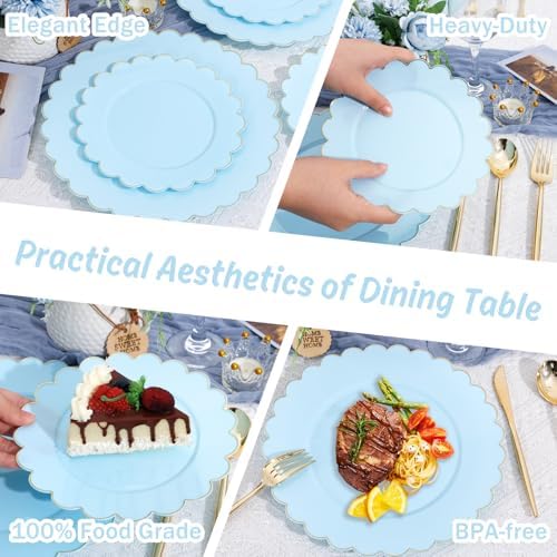 LIYH 120 Pcs Heavy Duty Baby Blue Scalloped Plastic Plates with Gold Rim - Image 3