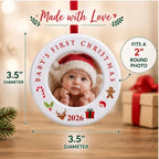 BANBERRY DESIGNS Baby’s First Christmas Picture Ornaments 2026 Set of 3 – Newborn Photo Frame Christmas Ornaments, Holds 2 Inch Baby Pictures – 3.5 Inch Round Keepsake with Easel Back and Tree Hanger - Image 4