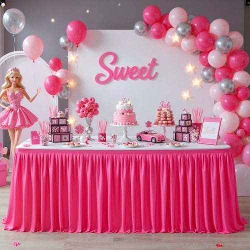 Partisky Hot Pink Polyester Table Skirt for Rectangle Tables 14ft, Wrinkle Resistant Pleated Ruffle Table Cloth for Wedding Baby Shower - Image 3