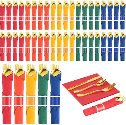 Lasnten 50 Pcs Pre-rolled Gold Plastic Silverware Set with Napkin, Colorful by Lasnten