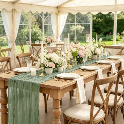 10 Pack Sage Green Cheesecloth Table Runner 35x120 Inch, Boho 10FT Cheese Cloth Sheer Gauze Table Runner for Wedding Baby Shower Birthday Party Table Decorations - Image 2