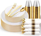 KIRE 175PCS Gold Plates Disposable - Heavy Duty White and Gold Plastic Plates Dinnerware Sets - 25 for Dinner 25 for Dessert 25 Pre Rolled Napkins and 25 Cups for Birthday/Wedding/Party by KIRE