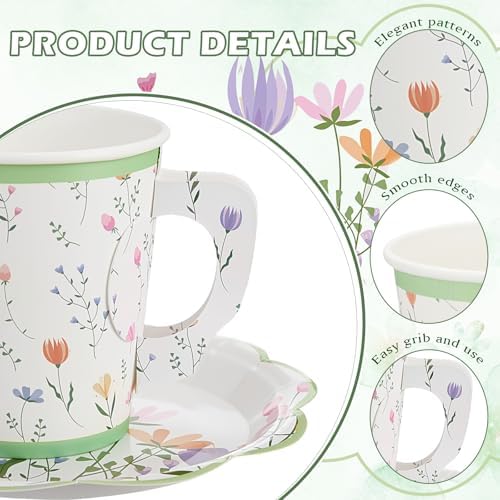 FillTouch 100 Sets Wildflower Floral Paper Tea Cups and Saucers Disposable Paper Tea Party Supplies 9 oz Cups with Handle and Saucer for Birthday Wedding Party Decorations - Image 2