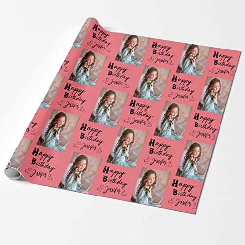 Custom Picture Wrapping Paper, Personalized Gift Wrap Paper with Funny Photo Happy Birthday with Name Photo Dark Pink Wrapping Paper Roll for Mom Dad Grandma Birthday Christmas Wedding 3 Rolls - Image 2