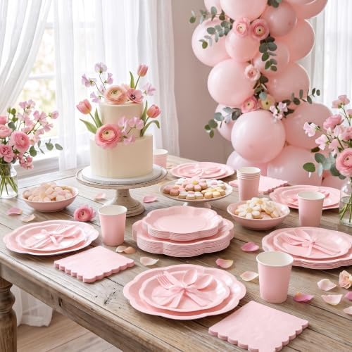 Vyntra Light Pink Paper Plates, Cups & Napkins, 350 Pcs Scalloped Party Set - Image 6