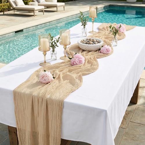 20 Pack Beige 17 x 108 Inch Cheesecloth Table Runner - Boho Gauze Sheer Fabric for Wedding Baby Shower Party Home Decor - Image 3