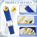 Lasnten 50 Pcs Pre-rolled Gold Cutlery Set with Napkins Navy Blue, White - Image 5