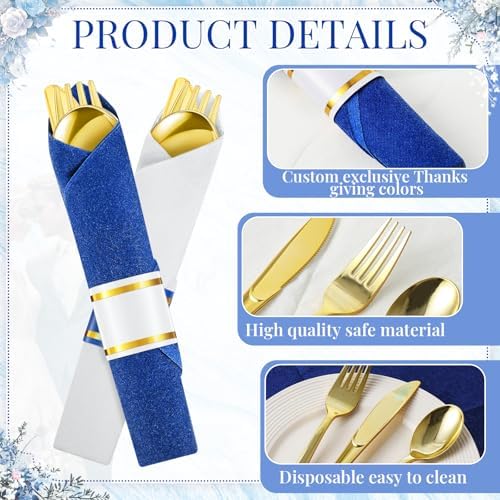Lasnten 50 Pcs Pre-rolled Gold Cutlery Set with Napkins Navy Blue, White - Image 5