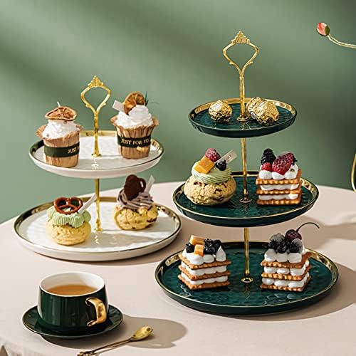 Tosnail Set of 2 Porcelain Cupcake Stand Ceramic Dessert Stand Tiered Serving Trays with Gold Rod, 3 Tiers and 2 Tiers Cake Stand Party Serving Trays Fruit Pastry Holders for Wedding and Party, Green - Image 6