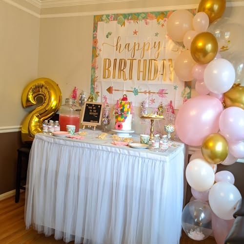 108in White Tulle Table Skirts for Rectangle Tables 8/6/4ft, 2-Layer Gold Grim Ruffle Tulle Tutu Cloth Table Skirt 9ft Long for Wedding Birthday Party Baby Shower Cake Dessert Tables(No Table Cover) - Image 6