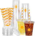 Whaline 50Pcs Boho Sun Disposable Plastic Cups with Lids and Straws 12 Oz Sunshine Cold Beverage Drinking Cups for Birthday Baby Shower Party Supplies by Whaline