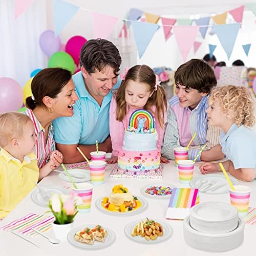 Unves 250 Pcs Compostable Paper Plates Set with Extra Long Utensils, White - Image 6