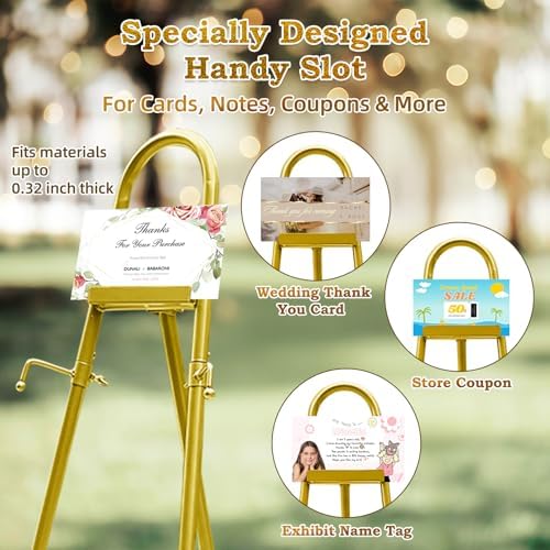 57"– 42" Height Adjustable Gold Easel Stand for Signs, Lockable at Any Height – 4 Hooks, 3 Display Modes, Easel with Design Templates – Ideal for Wedding Welcome Sign, Parties, Art & Retail Display - Image 6