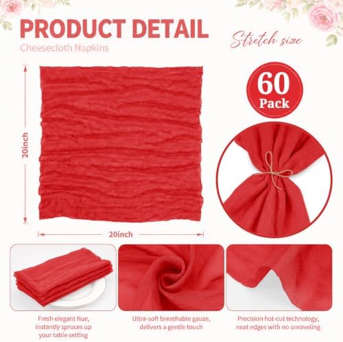 60Pack Red Cheesecloth Napkins Rustic Boho Gauze Napkins 20"x20" - Image 3