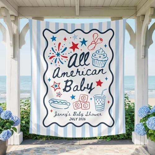 Personalized All American Baby Shower Banner - Custom Fourth of July Backdrop, Patriotic Americana Welcome Tapestry Sign, Red White Blue Party Decor, Baby Shower Photo Booth Decoration, USA Event by Unknown