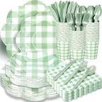 175pcs Gingham Party 25 Piece Dinnerware Set Sage Green Gingham Paper Plates and Napkins Knives Spoons Forks Cups Disposable Party Utensils for Baby Shower Birthday Picnic Wedding by Unknown