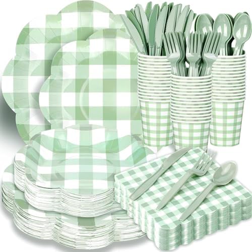 175pcs Gingham Party 25 Piece Dinnerware Set Sage Green Gingham Paper Plates and Napkins Knives Spoons Forks Cups Disposable Party Utensils for Baby Shower Birthday Picnic Wedding by Unknown