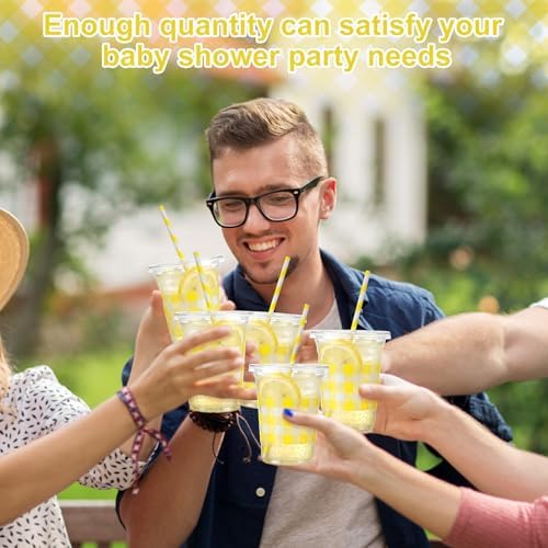 Sliner 50 Sets 16oz Yellow White Gingham Party Plastic Cups - Image 5