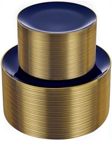 bUCLA 100PCS Blue Plastic Plates - Navy Blue Disposable with Gold Rim, Include 50 Each (10 inch Dinner & 7 inch Dessert) Plates, Ideal for Party & Labor Day by BUCLA
