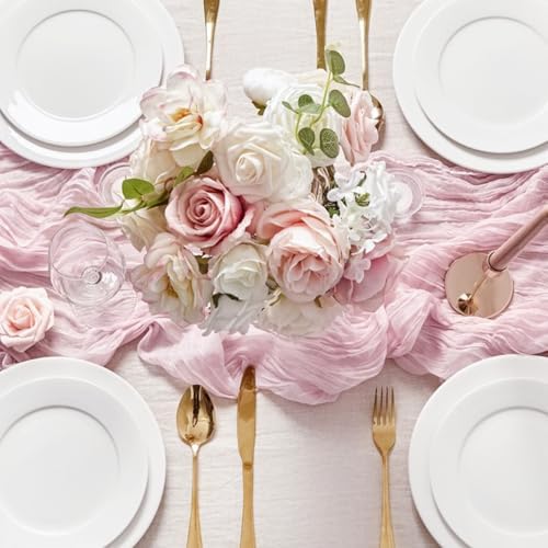 Sioloc 5 Pack Light Pink Cheesecloth Table Runner 120'' x 35'',Spring Easter Decor Soft Gauze Boho Wedding Table Decor for 10ft Table Birthday Party,Baby Shower, Bridal Shower, Home & Event Decor - Image 2