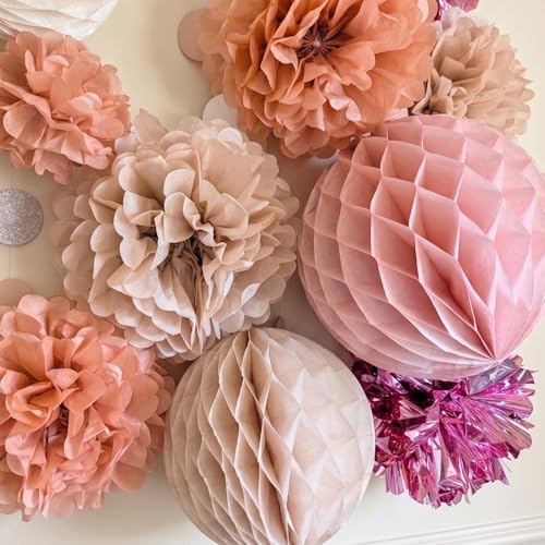 PapaKit 16pc Dusty Rose & Rose Gold Party Decorations - Premium Tissue Paper Pom Poms, Honeycomb Balls & Accordion Lanterns - Elegant Backdrop for Weddings, Bridal Showers, Baby Showers & Birthdays - Image 4