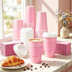 Whaline 100 Pcs Pink Disposable Coffee Cups with Lids and Sleeves 16 Oz Light Pink Insulated To Go Paper Cups for Home Restaurant Travel Wedding Birthday Baby Shower Party Supplies - Image 5