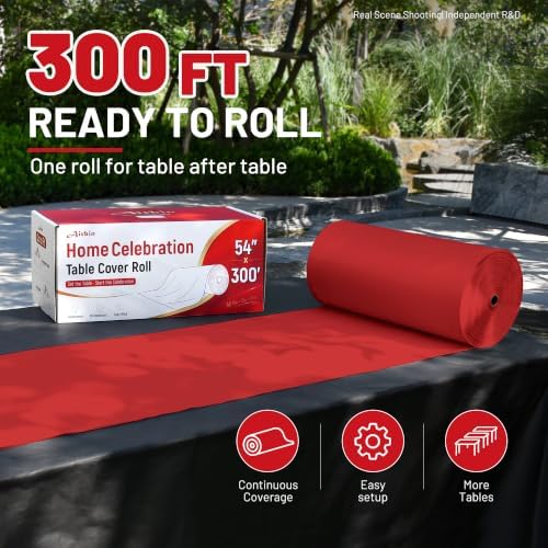 Rectangle Tablecloth, 300 Ft X 54 In Everyday Plastic Table Cloth PEVA, Red - Image 2