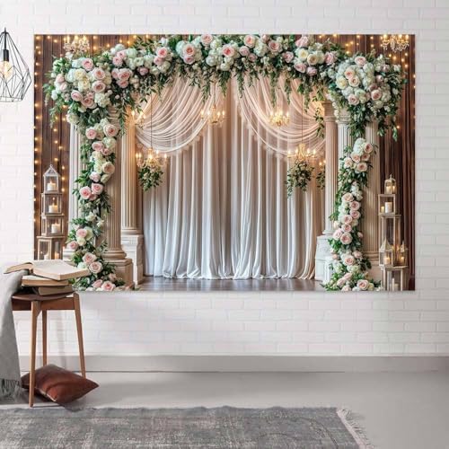 15x10ft Wedding Wooden Backdrop Glitter White Curtain Rose Floral Wall Door Photography Backdrops Western Vintage Wedding Anniversary Banner Birthday Baby Showers Photo Shoot Decor Props Decoration - Image 4