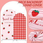FYSUIMU 2 Pcs Strawberry Arch Backdrop Covers Pink Red Plaid Berry Stretchy Spandex Arch Stand Fabric Cover for Wedding Birthday Baby Shower Gender Reveal Party Decor (5ft/6ft) - Image 3