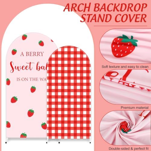 FYSUIMU 2 Pcs Strawberry Arch Backdrop Covers Pink Red Plaid Berry Stretchy Spandex Arch Stand Fabric Cover for Wedding Birthday Baby Shower Gender Reveal Party Decor (5ft/6ft) - Image 3