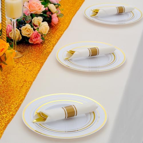 100 Pack Pre Rolled Gold Plastic Silverware Set with Napkins,Disposable Wrapped Heavy Duty Cutlery Set for Wedding Birthday Party-100 Forks,Knives,Spoons,Utensils Set,Plasticware Bulk - Image 7
