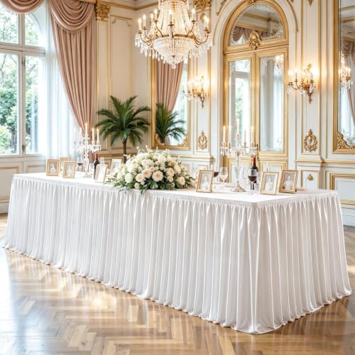 21ft Length Satin White Table Skirt Rectangle Tables Wrinkle Resistant Ruffle Table Skirting Glitter Teacher Desk Cover Skirt for School Classroom Dorm Wedding Birthday Party Trade Show Decorations - Image 2