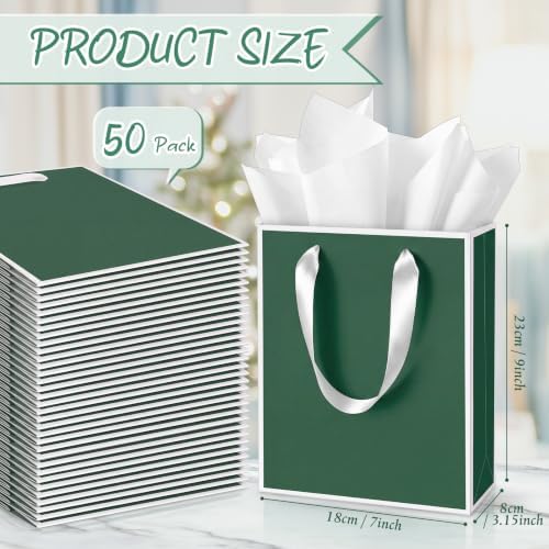 Yeaqee 50 Pack Metallic Paper Gift Bag Bulk with Handle, Green, White - Image 2