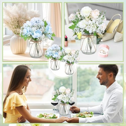 Zeyune 6 Sets Mason Jar Table Centerpiece Artificial Flower, Blue, White - Image 5