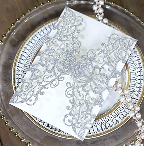 50sets Glitter Laser Cut Lace Flora Wedding Invitation Cards with Butterfly and Envelopes for Bridal Shower Engagement Quinceañera Wedding Invite (Only invitation Cards, Glitter Silver) by Cylallen