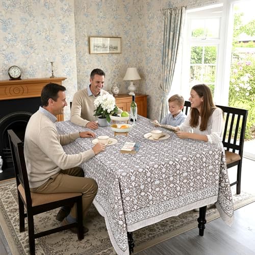 Ridhi Taupe Hand Block Print 100% Cotton Rectangle Tablecloth 118 x 70 Inch - Image 6