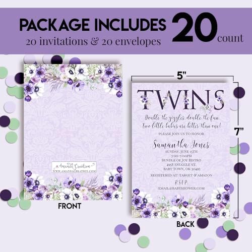 Amanda Creation Custom Baby Shower Invites Violet Baby Girl Twin Shower Invitations 20 5x7 Custom Personalized Violet Flower Baby Shower Invites With Envelopes - Image 4