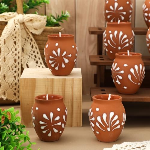 JarThenaAMCS 12 Pcs Cantaritos De Barro Mexicanos Candles Mini Terracotta Clay Pottery Candle Brown White Floral Decorative Mexican Candle for Cinco De Mayo Party Decoration Gifts - Image 5