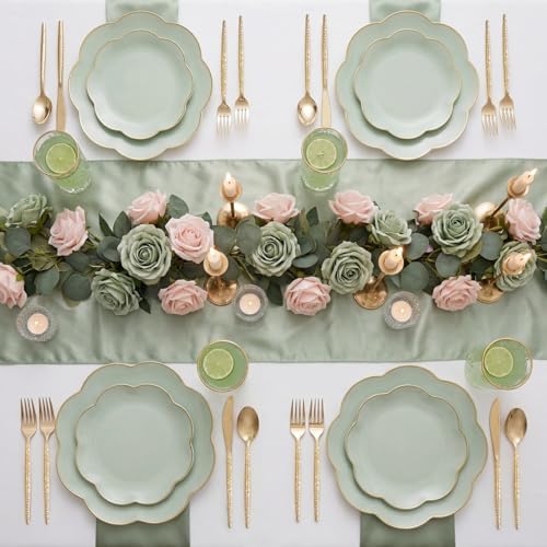 LIYH 150 Pcs Sage Green Plastic Plates - Dinnerware Set, Gold Silverware, Flower Plates Include Dinner & Dessert Plates, Knives, Forks for Wedding - Image 7
