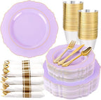 Liacere 350PCS Purple Plastic Plates - Disposable Lavender Plates 50guest Plastic Dinnerware include 100Light purple Plates,50Pack Pre Rolled Napkins Silverware 50Cups for Wedding & Party by Liacere