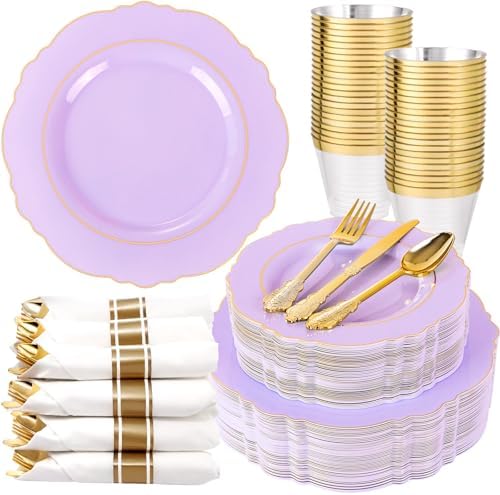 Liacere 350PCS Purple Plastic Plates - Disposable Lavender Plates 50guest Plastic Dinnerware include 100Light purple Plates,50Pack Pre Rolled Napkins Silverware 50Cups for Wedding & Party by Liacere