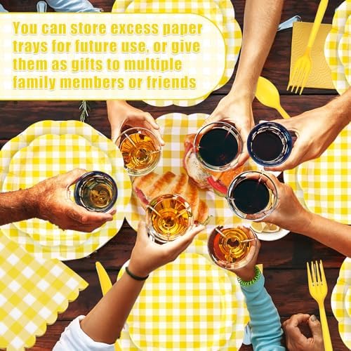 Funnymoom 400 Pcs Gingham Party Supplies for 50 Guests Yellow and White Paper Plates and Napkins Knives Spoon Fork Cup Disposable Checkered Dinner Party Set Cutlery for Baby Shower Wedding Favor - Image 6