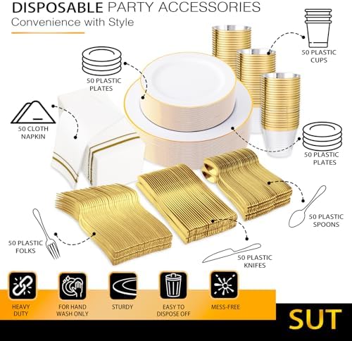 SUT 350 PCS Elegant White and Gold Disposable Dinnerware Set - Premium Dinner & Salad Plates, Cups, Napkins & Cutlery for 50 Guests - All-Inclusive Party Plastic Plates - Image 5