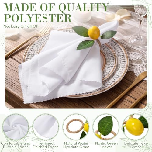 Preboun 24 Pcs White Cloth Napkins 19"x19" with Lemon Napkin Rings - Image 3